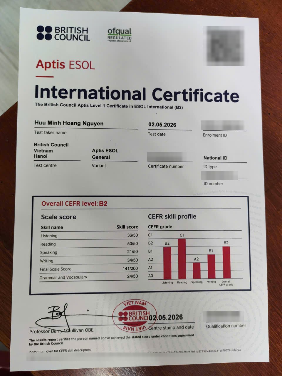 Ảnh chứng chỉ Aptis ESOL International Certificate, Overall B2, đã che thông tin cá nhân